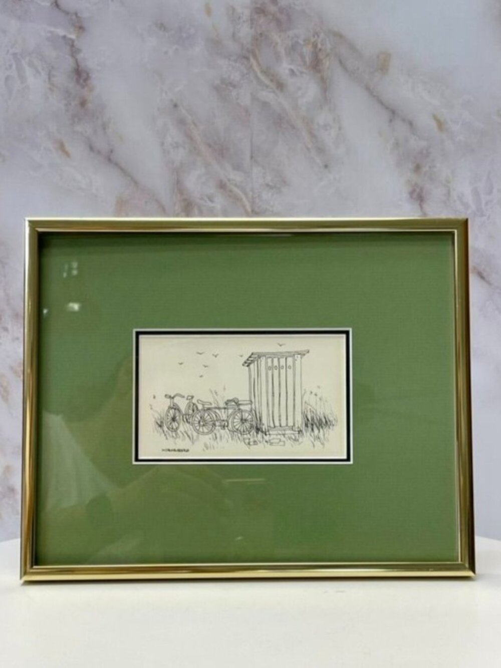 M.J. Blakebrough Framed Print - Whimsical Outhouse & Bicycles Pen & Ink Sketch - Picture 2 of 4
